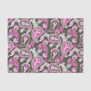 Papel De Seda Tradicional Paisley Linocut Verde Profundo Cálido 