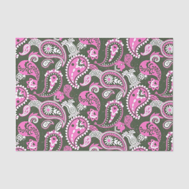 Papel De Seda Tradicional Paisley Linocut Verde Profundo Cálido  (Anverso)
