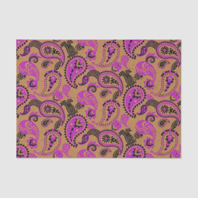 Papel De Seda Tradicional Paisley Linocut Vivid Pink Mustard (Anverso)