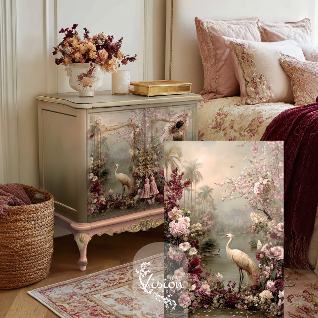 Papel De Seda Tranquilidad Chinoiserie Bird Floral Romance (Chinoiserie Tranquillity White Crane Bird Ethereal Floral Decoupage Tissue Paper.)
