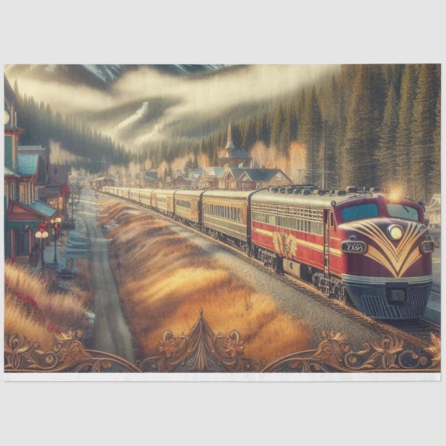 Papel De Seda Tren de acuarela de Art Deco de época (Anverso)