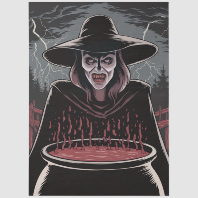 Papel De Seda Trendy Spooky Halloween witch and Cauldron (Anverso)