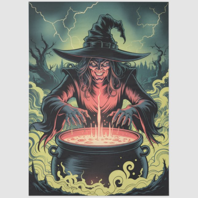 Papel De Seda Trendy Spooky Halloween witch and Cauldron (Anverso)