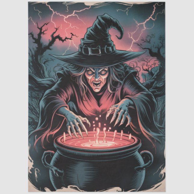 Papel De Seda Trendy Spooky Halloween witch and Cauldron (Anverso)