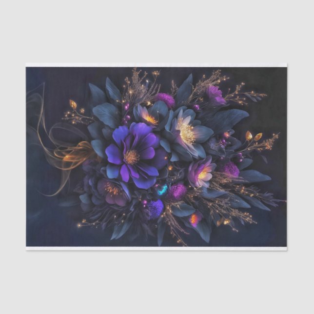 Papel De Seda Tres flores oscuras salpicadas de chispas doradas (Anverso)