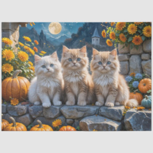 Papel De Seda Tres gatitos esponjosos de otoño con calabazas y M