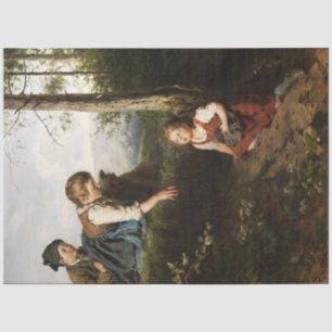 Papel De Seda Tres niños recogiendo cerezas silvestres en el bos