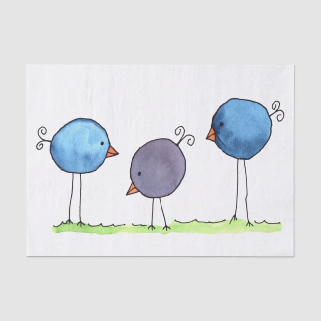 Papel De Seda Tres pájaros acuarela caprichosos (Anverso)