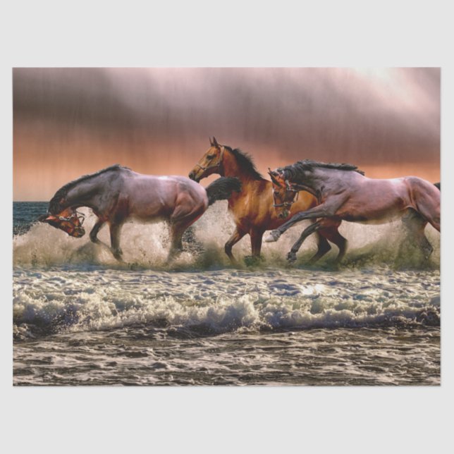 Papel De Seda Trio de caballos corriendo en surf al atardecer (Anverso)