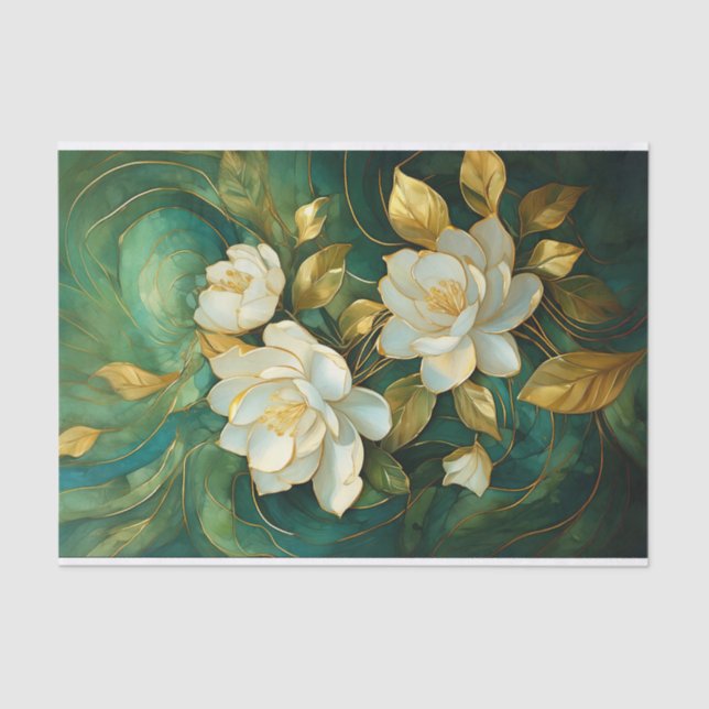 Papel De Seda Trío de Gardenia blanca dorada, flores formales (Anverso)
