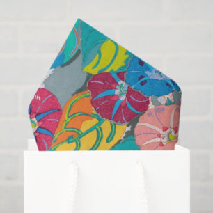 Papel De Seda Tropical Botánico Azul Teal y Coral Floral Negrita