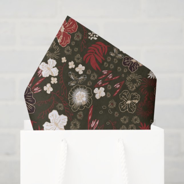 Papel De Seda Tropical Christmas Red Sage Black Hibiscus Floral (Bolsa de regalo)
