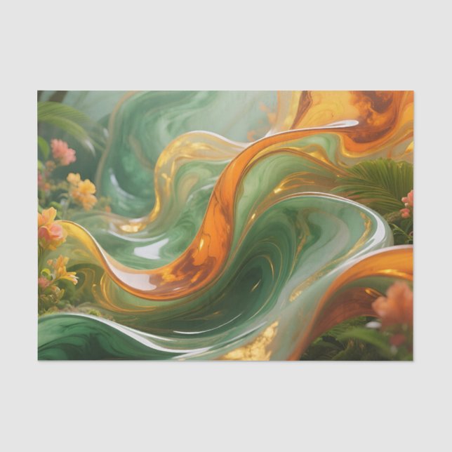 Papel De Seda Tropical Esmeralda Ámbar Remolino (Anverso)