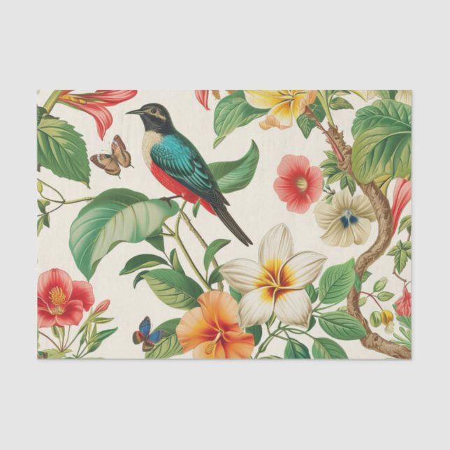 Papel De Seda Tropical Flowers with Beautiful Red & Teal Bird (Anverso)
