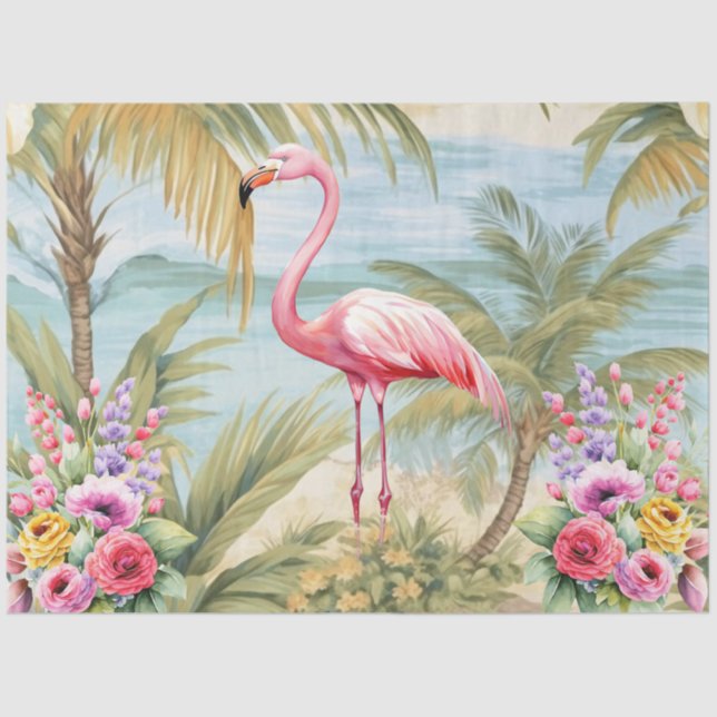 Papel De Seda Tropical Pastel Ocean View Pink Flamingo Decoupage (Anverso)
