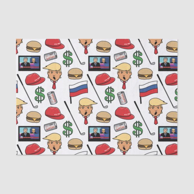 Papel De Seda Trump, dinero, hamburguesas, golf, Rusia y noticia (Anverso)