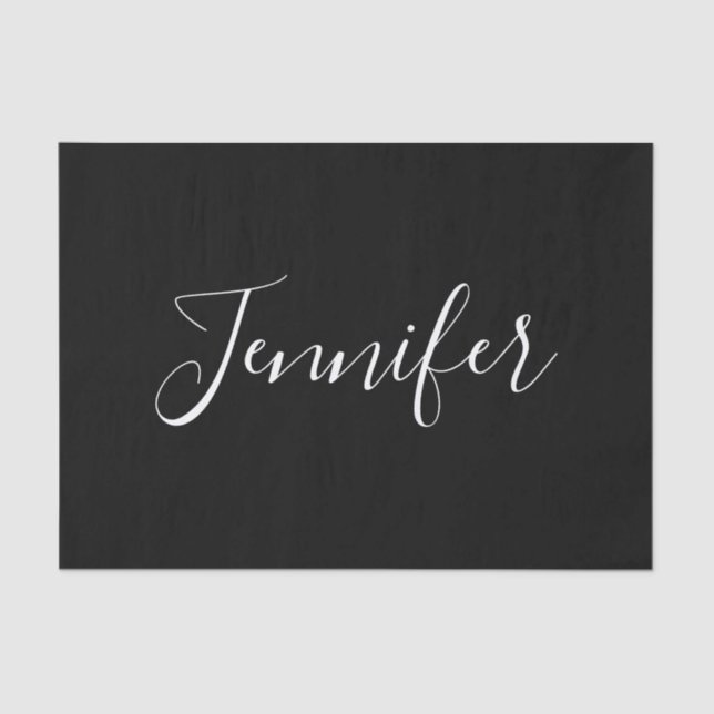 Papel De Seda Tu nombre | Elegante guión blanco sobre negro (Anverso)