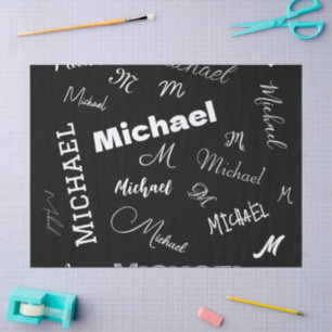 Papel De Seda Tu nombre y patrón de monograma personalizado negr