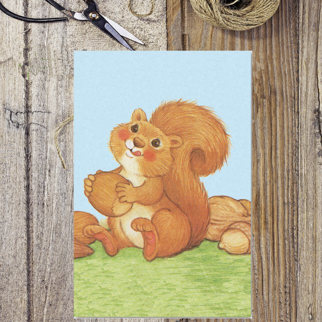 Papel De Seda Tuercas de maíz de ardilla Adorable Cute (Cute red squirrel licking lips holding acorns in grass blue sky on tissue wrapping paper.)