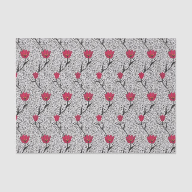 Papel De Seda Tulip Damasco de Art Nouveau, gris y rojo (Anverso)
