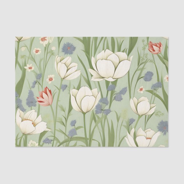 Papel De Seda Tulip Meadow en el verde sabio (Anverso)