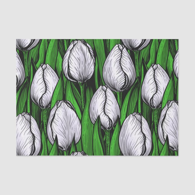 Papel De Seda Tulipanes blancos con hojas verdes (Anverso)