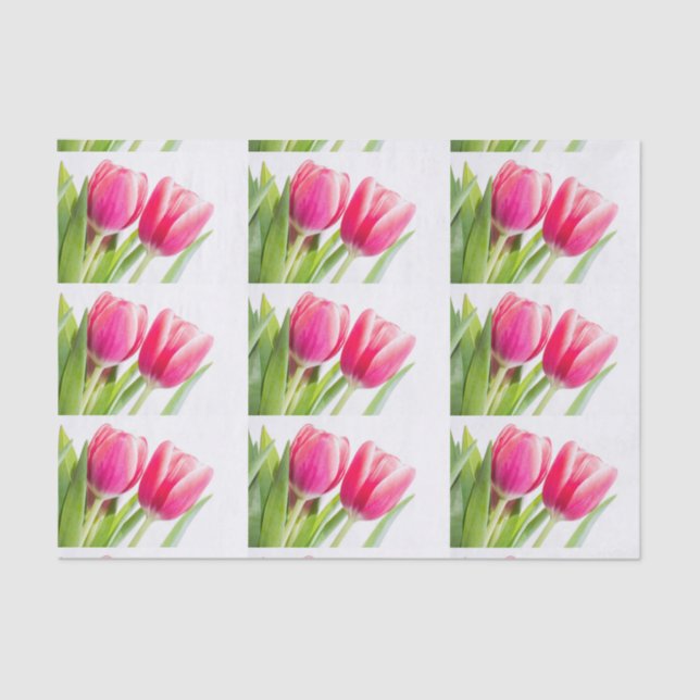 Papel De Seda Tulipanes rosados con foto de hojas verdes (Anverso)