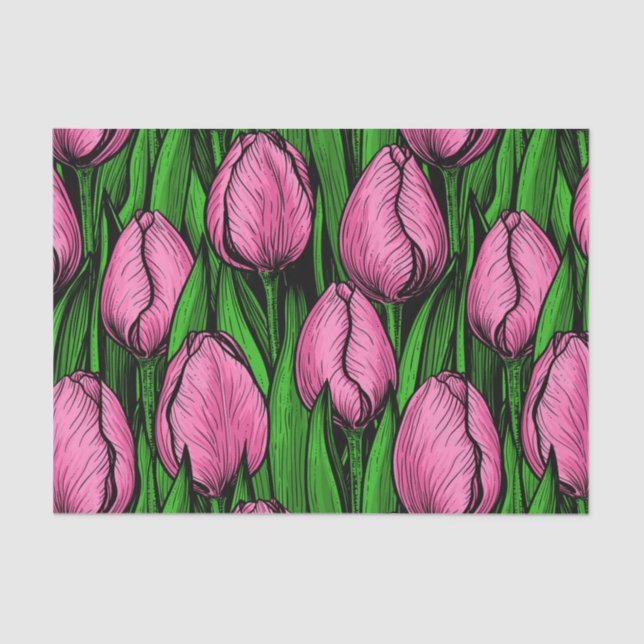 Papel De Seda Tulipanes rosados con hojas verdes (Anverso)