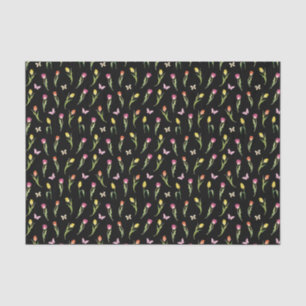 Papel De Seda Tulipanes y mariposas patrón negro 