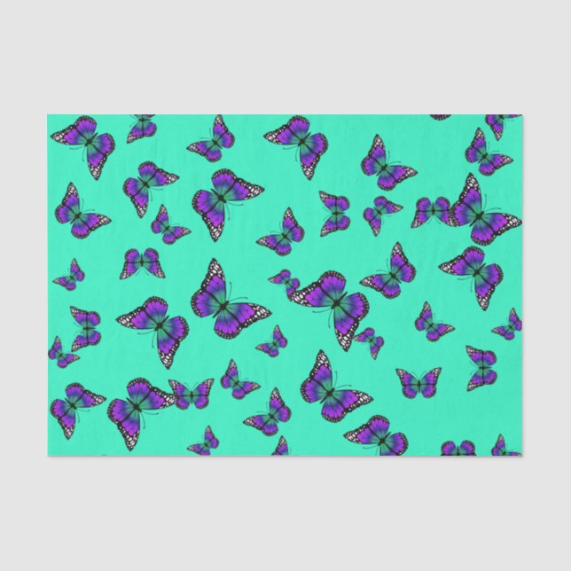 Papel de seda turquesa con mariposas moradas (Anverso)