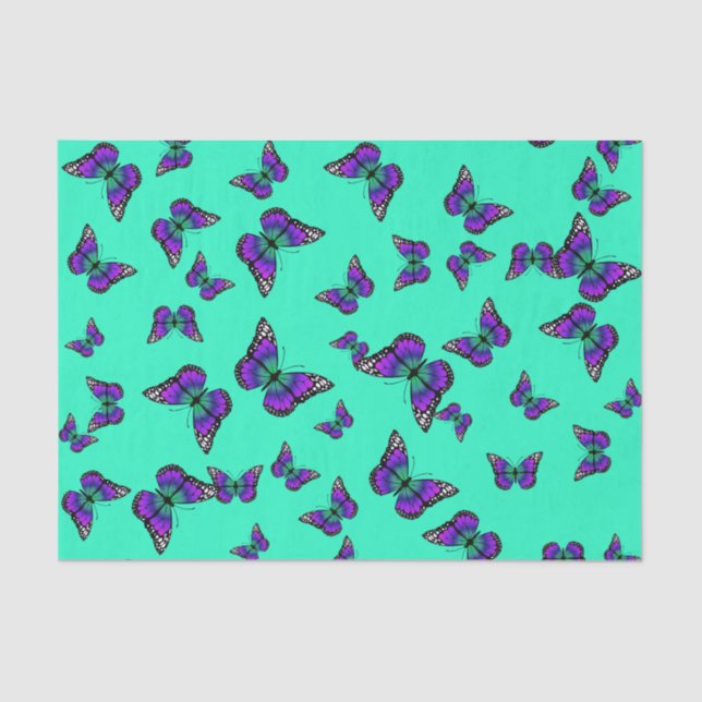 Papel de seda turquesa con mariposas púrpura (Anverso)