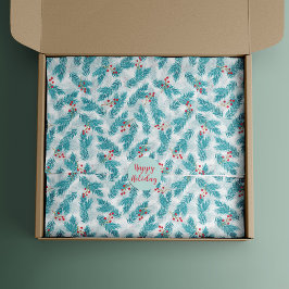 Papel De Seda Twigs de pino y Navidades de Berias Rojas en blanc