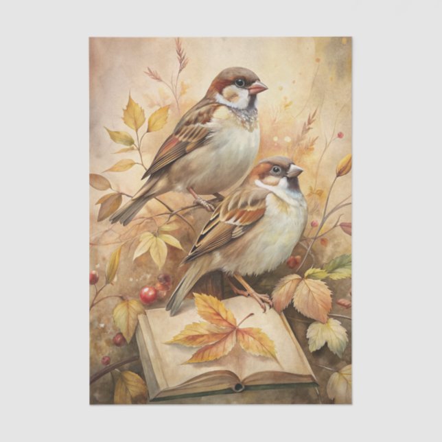 Papel De Seda Two Beautiful Birds with Open Book & Autumn Leaves (Anverso)
