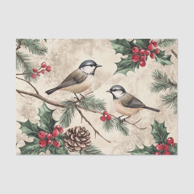 Papel De Seda Two Birds on Branches with Holly Berries (Anverso)