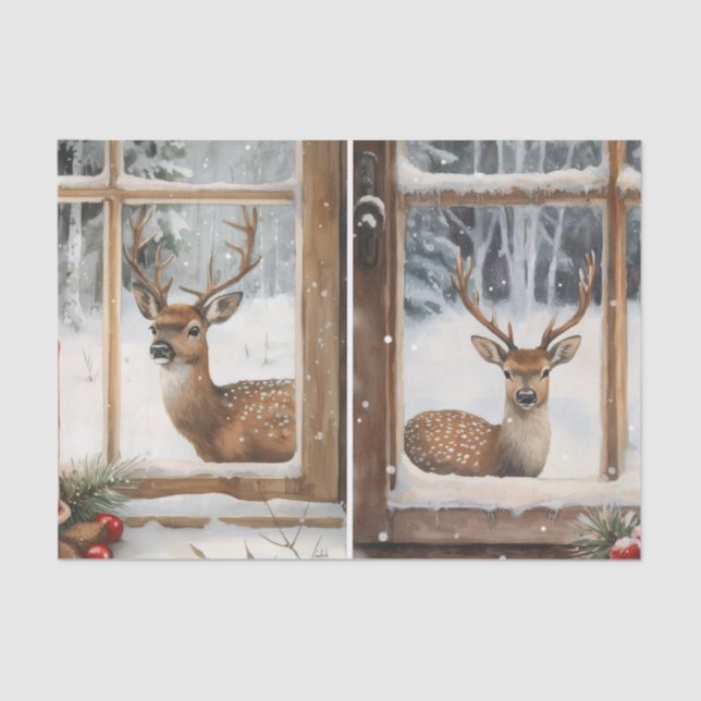 Papel De Seda Two Pretty Winter Scenes of Deer in Window Panes (Anverso)