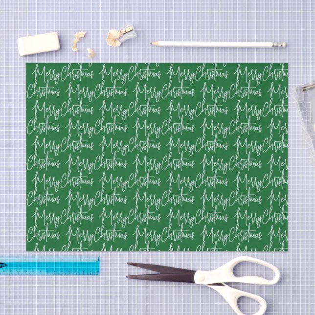 Papel De Seda Typography Green Merry Christmas (Artesanía)