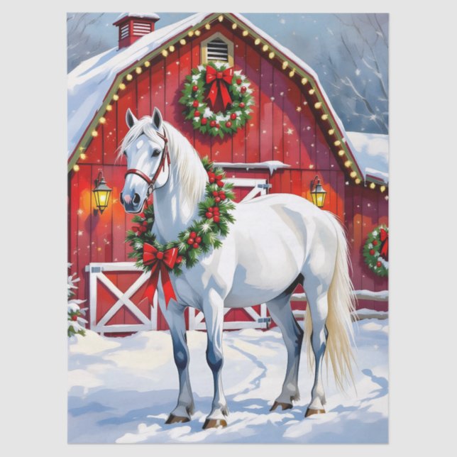 Papel De Seda Un caballo blanco festivo y Navidades de un graner (Anverso)