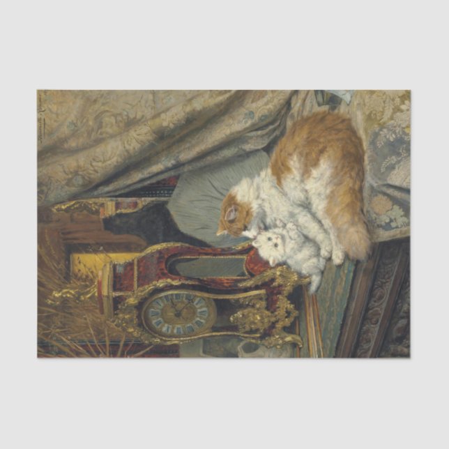 Papel De Seda Un gato madre y su gatito con reloj de abrigo  (Anverso)