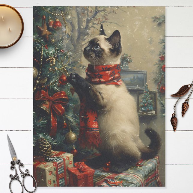 Papel De Seda Un gato siamés lindo Navidad desconchado de época (Subido por el creador)