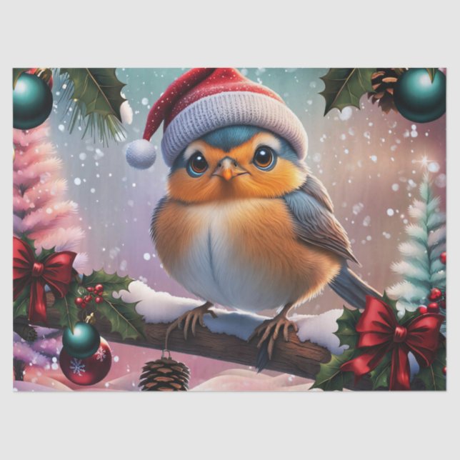 Papel De Seda Un pájaro navideño lindo sentado en una rama (Anverso)