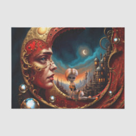 Papel De Seda Un pequeño hada sentada en una luna roja dorada.