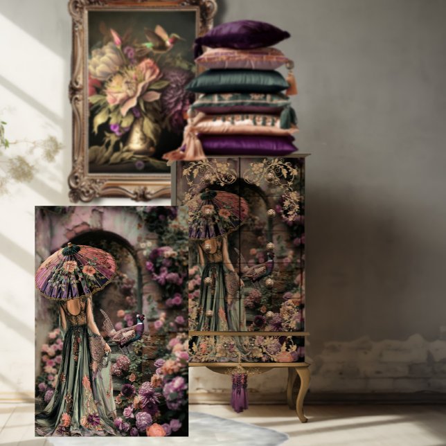 Papel De Seda Una dama y un faisán, Chinoiserie, retrato artísti (Elegant Lady with a Parasol and a Pheasant, Chinoiserie, Archway, Floral Courtyard, Decoupage)