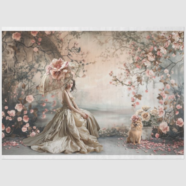 Papel De Seda Una dama y un retrato pomeraniano y arte floral (Anverso)