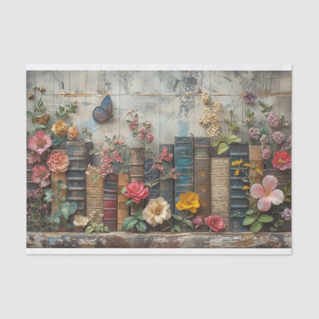 Papel De Seda Una fila de libros con flores (Anverso)