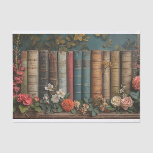 Papel De Seda Una fila de libros con flores (Anverso)