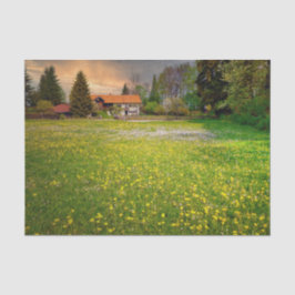 Papel De Seda Una granja al atardecer con un campo de flores bla