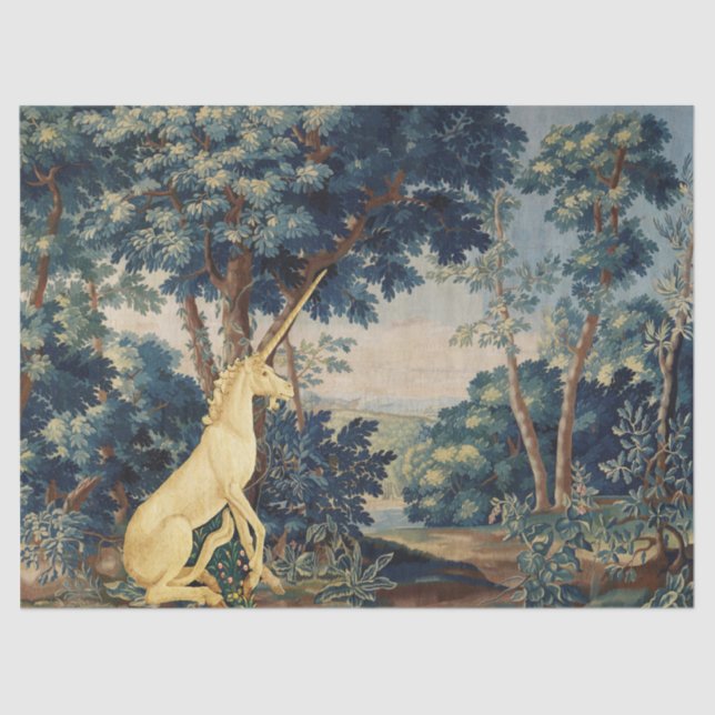 PAPEL DE SEDA UNICORN EN EL PAISAJE DE WOODLAND, ÁRBOLES, VERDES (Anverso)