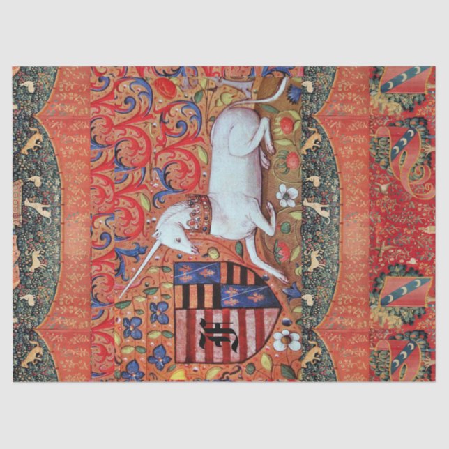 PAPEL DE SEDA UNICORN ,FLORES MEDIEVALES DE FANTASÍA,MONOGRAMA F (Anverso)