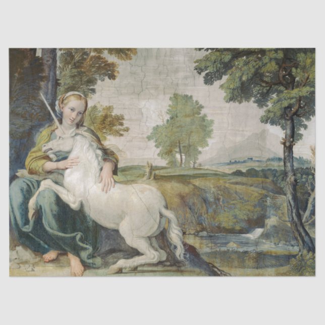 Papel De Seda Unicornio y una joven mujer (por Domenichino) (Anverso)