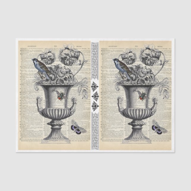 Papel De Seda Urn floral con pájaro y abeja (Anverso)